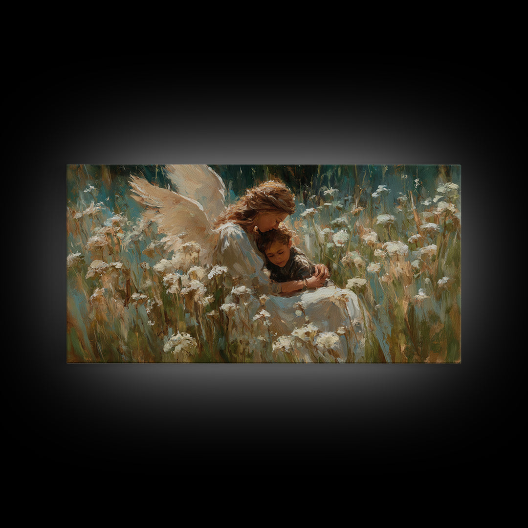 Protective Angel Embracing Child In White Flower Field Framed Canvas Print, Christian Wall Art, Nursery Decor Housewarming Gift