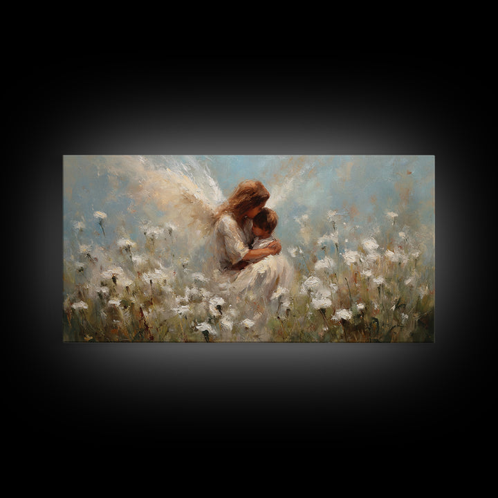 Tender Angel Holding Baby In White Wildflower Meadow Canvas Print, Christian Wall Art, Nursery Home Decor, Motherhood Gift
