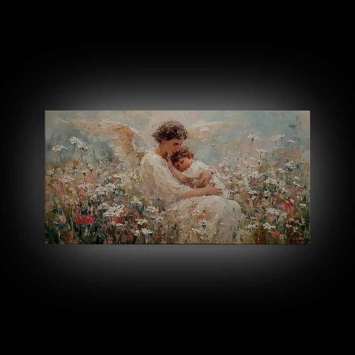 Seated Guardian Angel Cradling Sleeping Baby In Floral Meadow Wall Art, Christian Nursery Decor, Motherhood Gift For Her