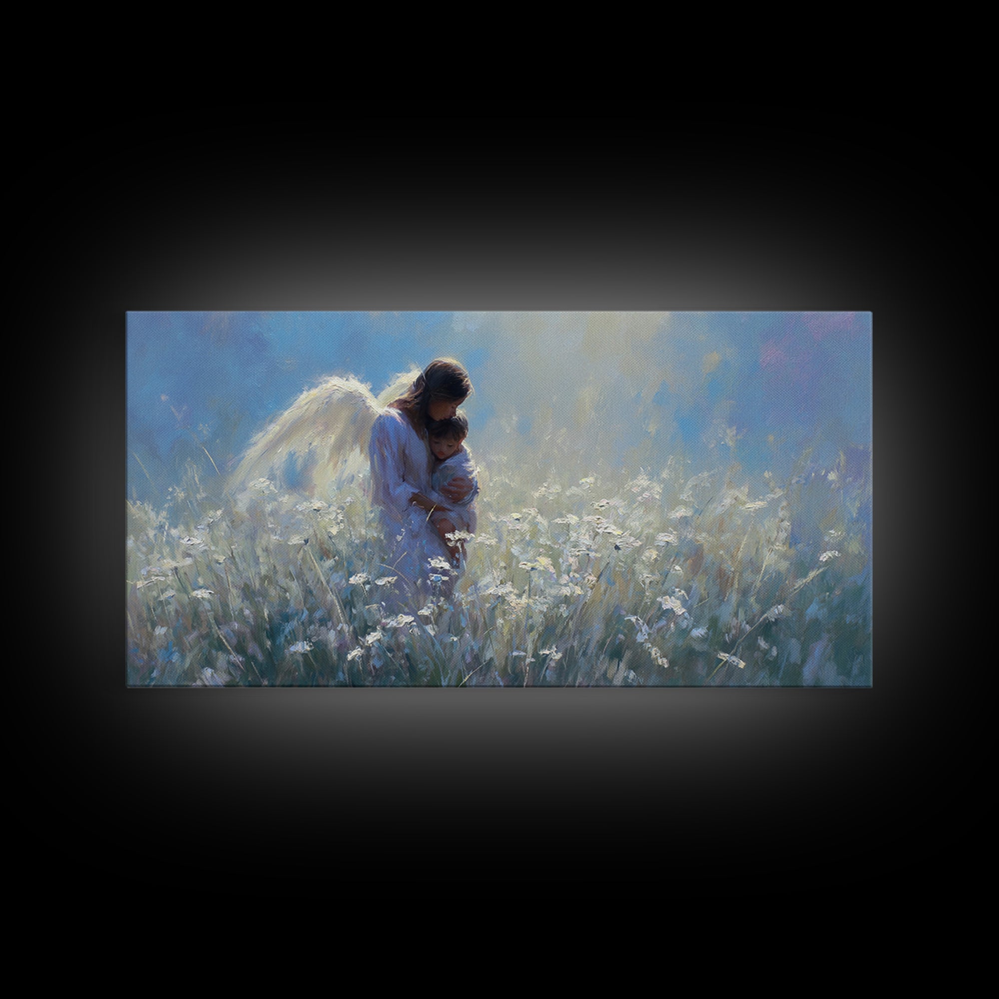 Angel Mother Holding Child In Moonlit White Meadow Framed Canvas Print, Christian Wall Art, Calming Nursery Home Decor Gift