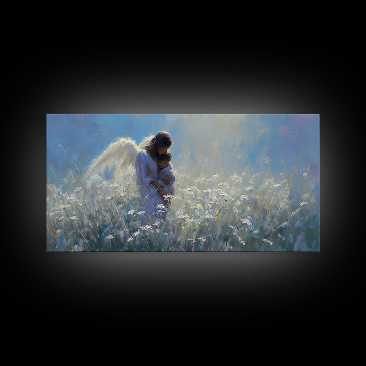 Angel Mother Holding Child In Moonlit White Meadow Framed Canvas Print, Christian Wall Art, Calming Nursery Home Decor Gift