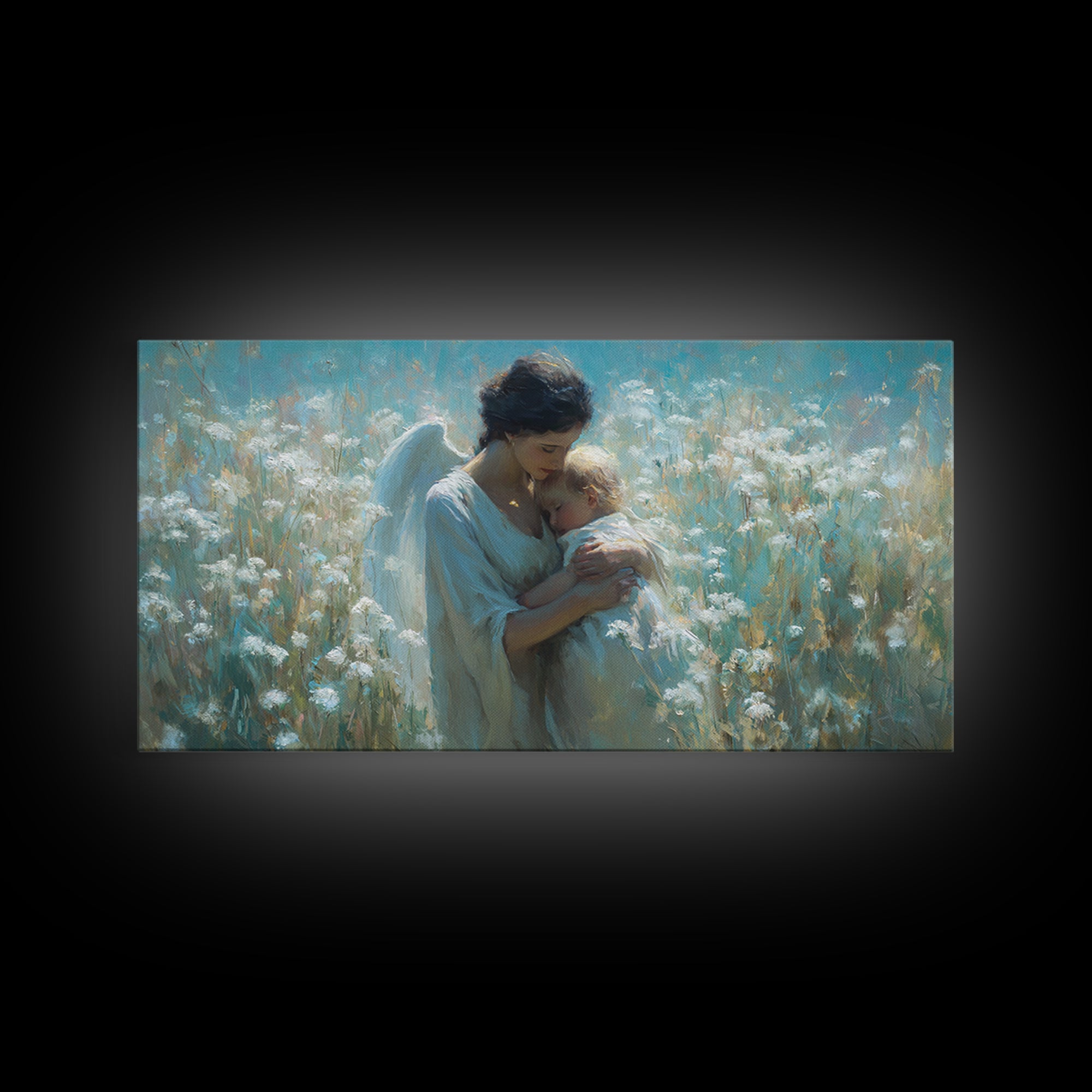 Serene Angel Cradling Blonde Baby In Blue Wildflower Field Framed Canvas Print, Christian Wall Art, Nursery Home Decor Gift