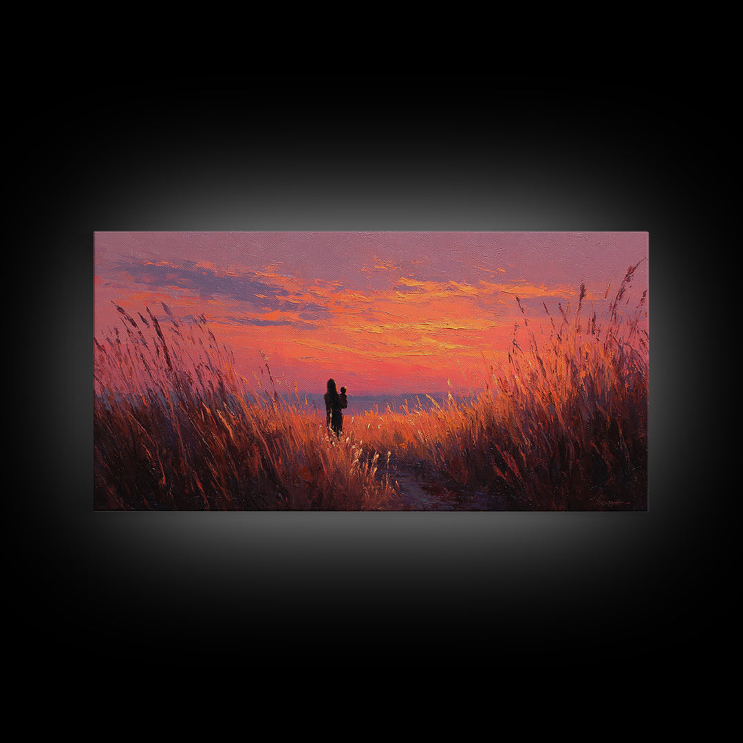 Mother And Child Sunset Grasslands Canvas Print, Romantic Landscape Wall Art, Warm Coastal Decor, Nursery, New Home Gift For Her