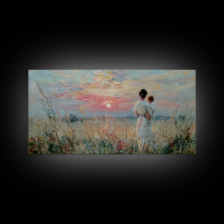Mother And Child Sunset Seascape Canvas Print, Impressionist Coastal Wall Art, Romantic Bedroom Decor, Nursery Gift For Her