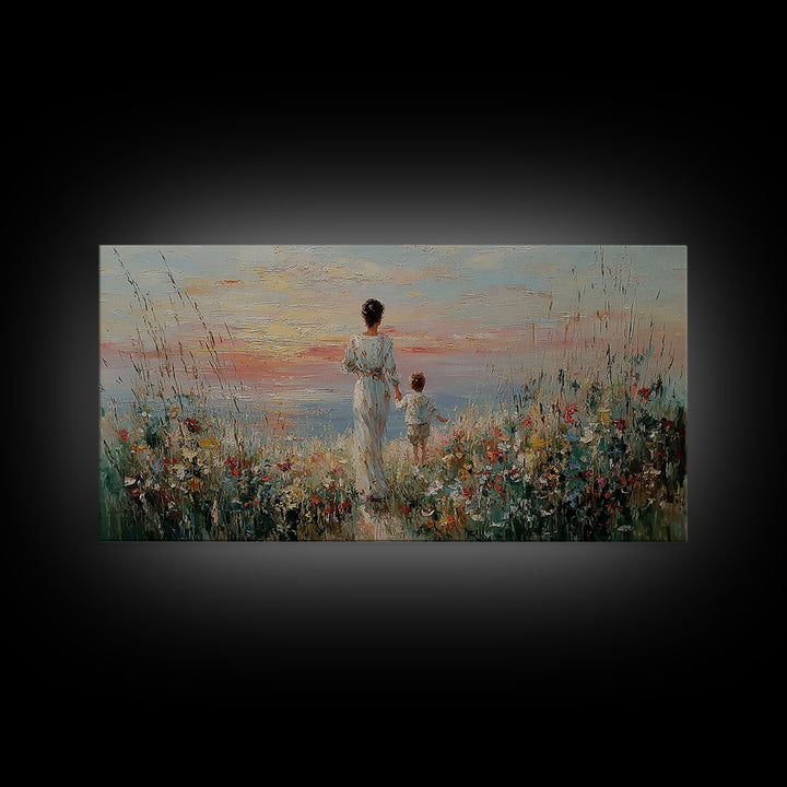 Mother And Child Ocean Meadow Wall Art, Impressionist Wildflower Seascape, Coastal Nursery Decor, Framed Canvas Print, Gift For Her
