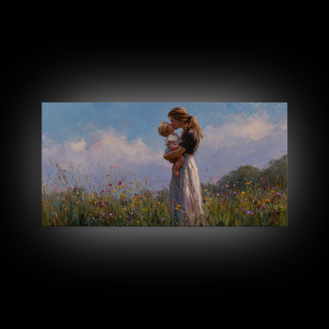 Mother Holding Baby In Wildflower Meadow Wall Art, Impressionist Canvas Print, Nursery Decor, Gift For Mom, Bedroom Decor