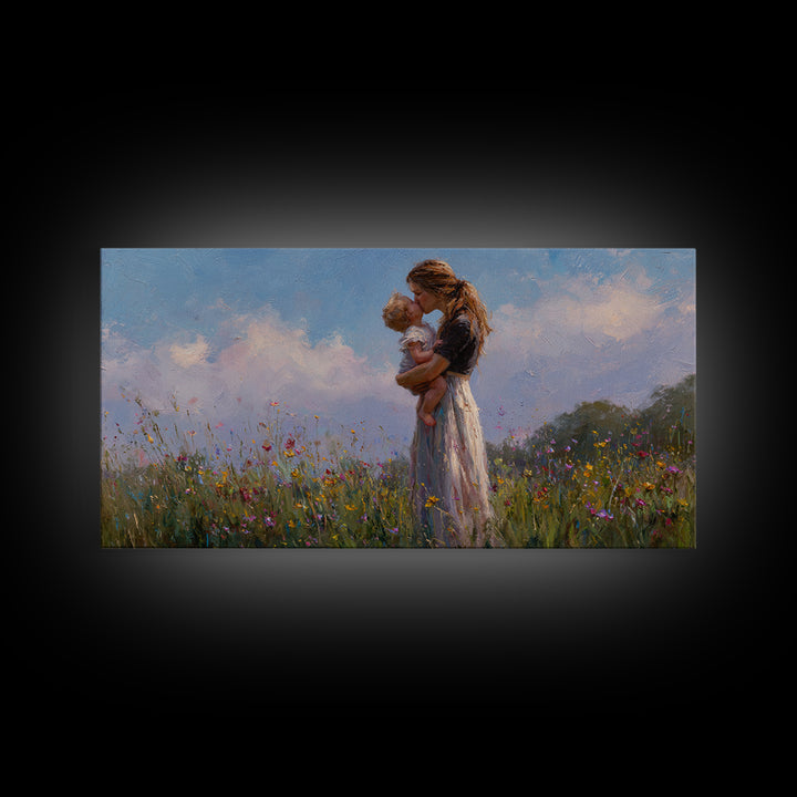 Mother Holding Baby In Wildflower Meadow Wall Art, Impressionist Canvas Print, Nursery Decor, Gift For Mom, Bedroom Decor