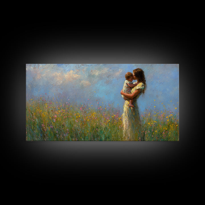 Mother And Child Embraced In Flower Field Wall Art, Impressionist Canvas Print, Floral Nursery Decor, Housewarming Gift, Gift For Mom
