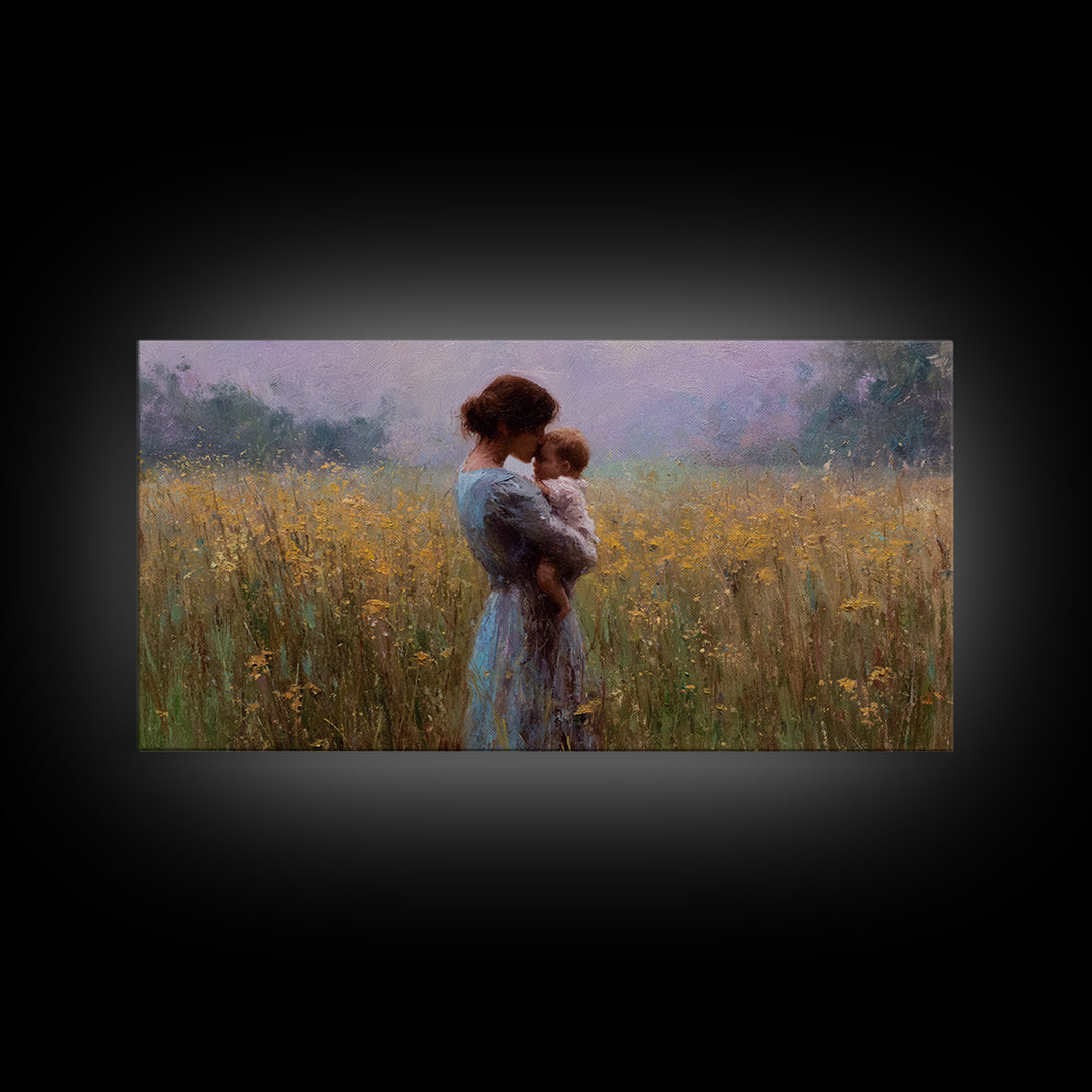 Mother Cuddling Baby In Golden Meadow Wall Art, Impressionist Canvas Print, Neutral Nursery Decor, Gift For Her, Living Room Decor