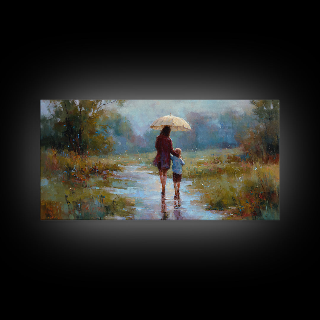 Mother And Child Walking In Rain With Umbrella Wall Art, Impressionist Canvas Print, Cozy Nursery Decor, Housewarming Gift