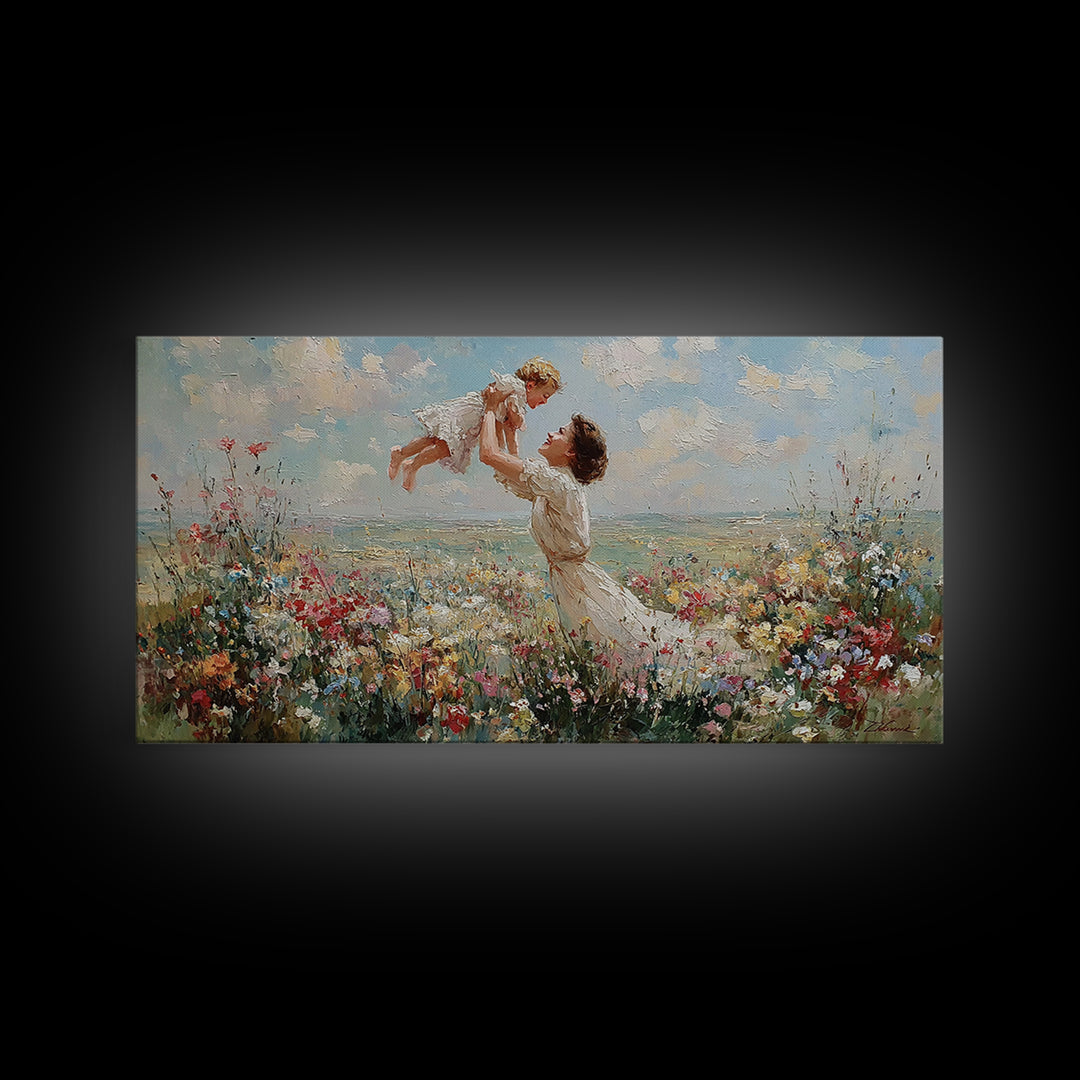 Mother Lifting Baby By Coastal Wildflower Meadow Wall Art, Impressionist Framed Canvas Print, Beach House Decor, Gift For Mom
