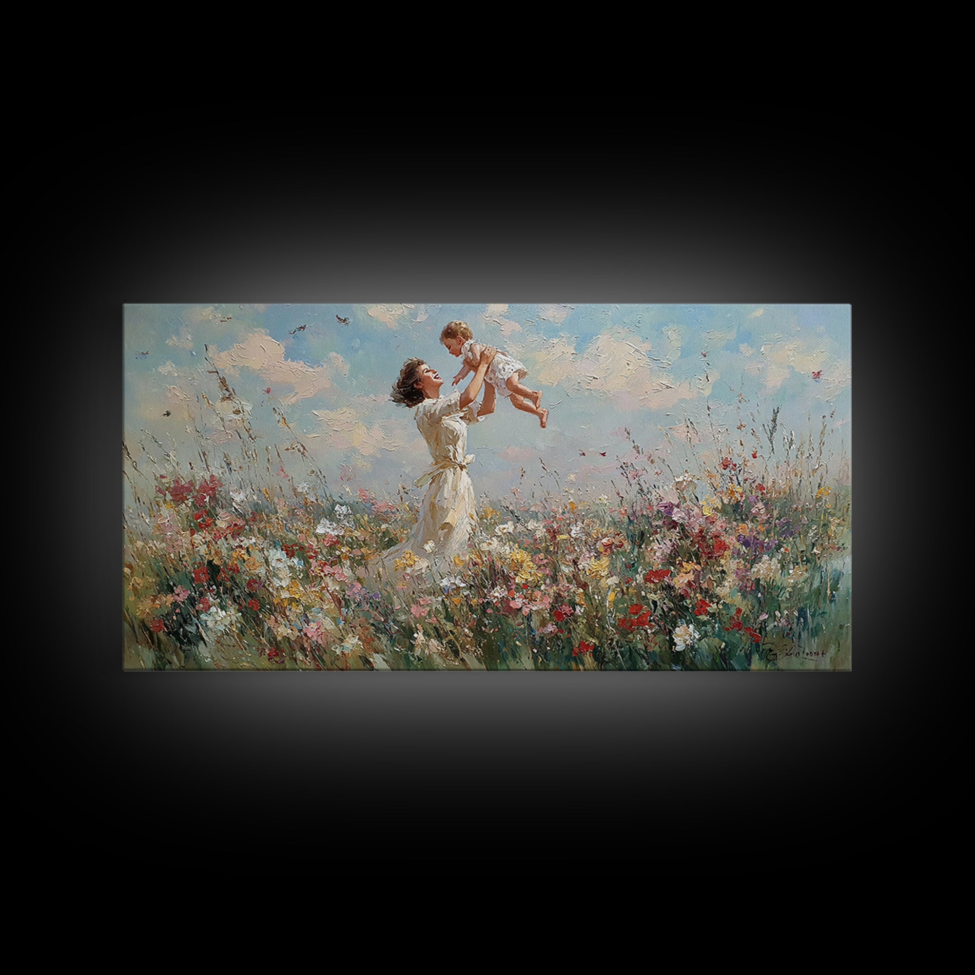 Mother Lifting Baby In Wildflower Meadow Wall Art, Impressionist Canvas Print, Floral Nursery Decor, Gift For Mom, Home Decor