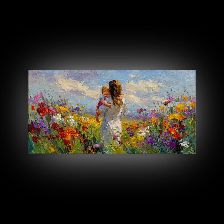 Woman Holding Baby In Vibrant Wildflower Meadow Framed Canvas Print, Mothers Day Gift, Floral Wall Art, Nursery Decor, Living Room Decor
