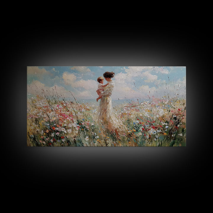 Mother And Baby In Soft Coastal Wildflower Field Canvas Print, Serene Floral Wall Art, Gift For Her, Bedroom Decor, Large Wall Art