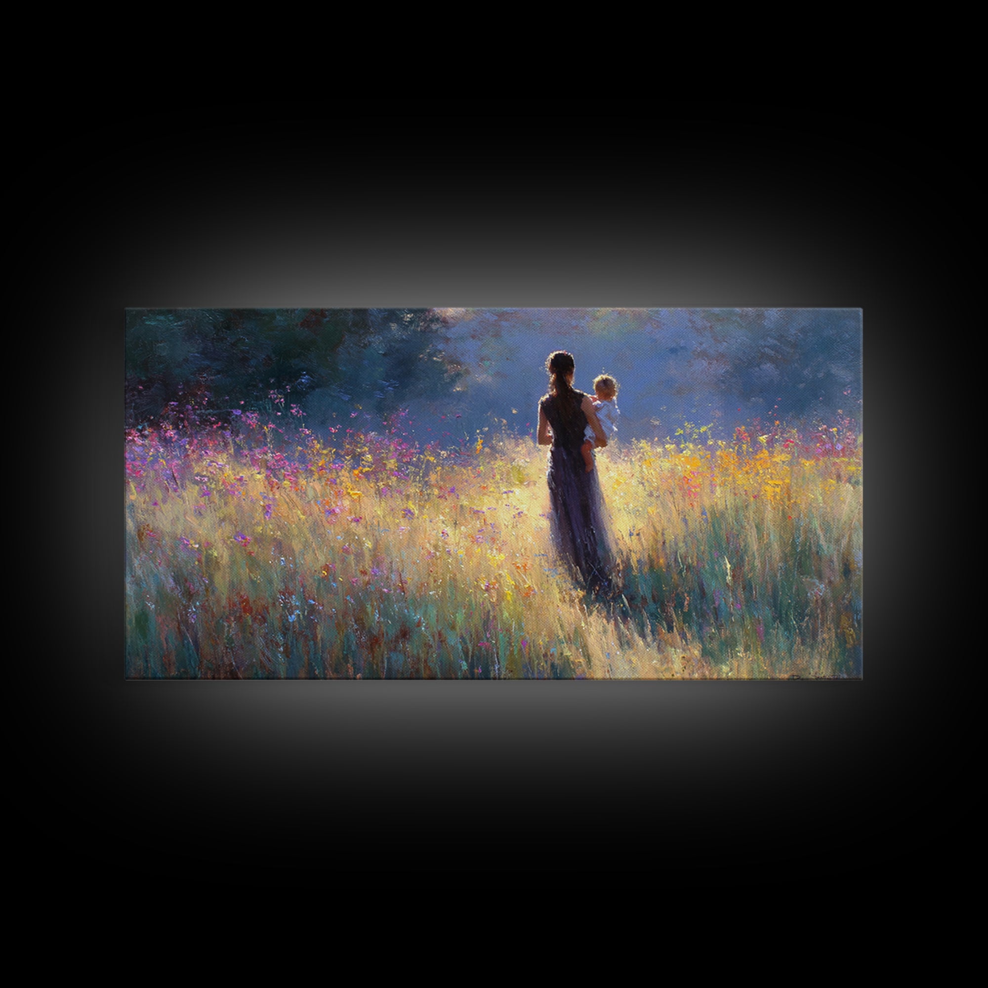 Backlit Mother Holding Baby In Glowing Wildflower Meadow Canvas Print, Moody Wall Art, Floral Wall Decor, Gift For Her, Large Wall Art
