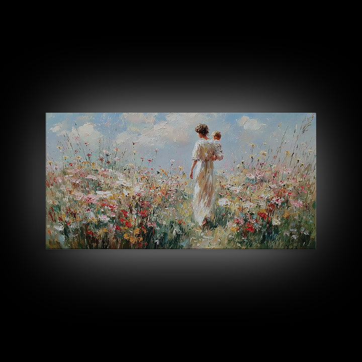 Mother And Baby Amid White Daisies And Red Poppies Framed Canvas Print, Floral Wall Art, Nursery Decor, Gift For Her, Living Room Decor