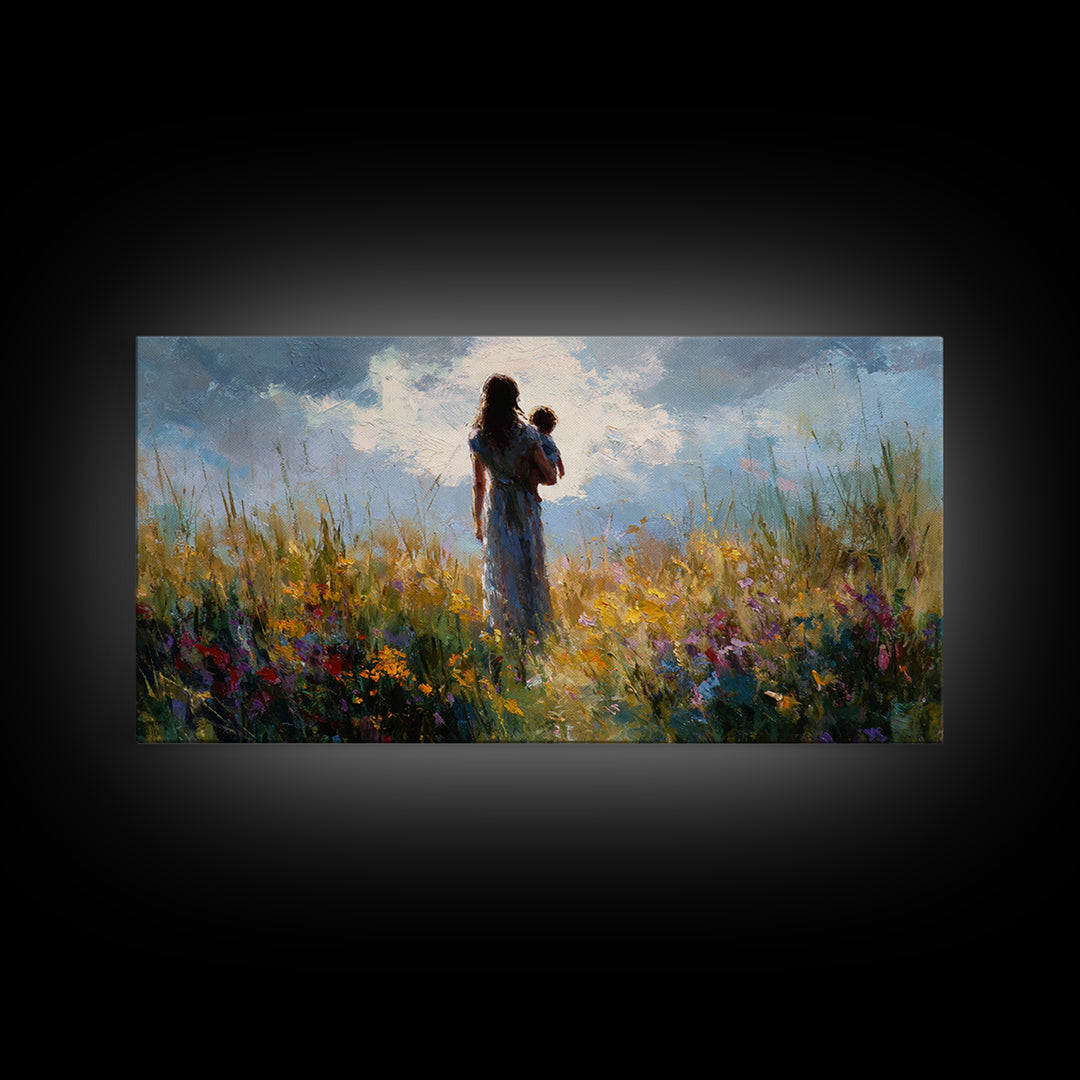 Mother And Baby In Windswept Summer Wildflower Field Canvas Print, Floral Wall Art, Gift For Her, Calming Bedroom Decor, Nursery Wall Art