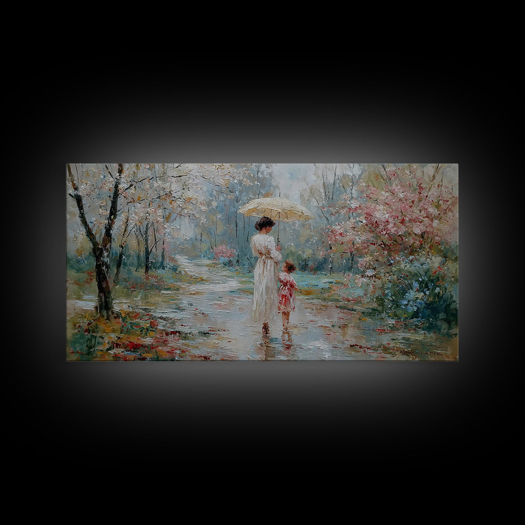 Mother And Child Walking Under Umbrella In Rainy Spring Garden Wall Art, Impressionist Painting, Gift For Her, Nursery Decor