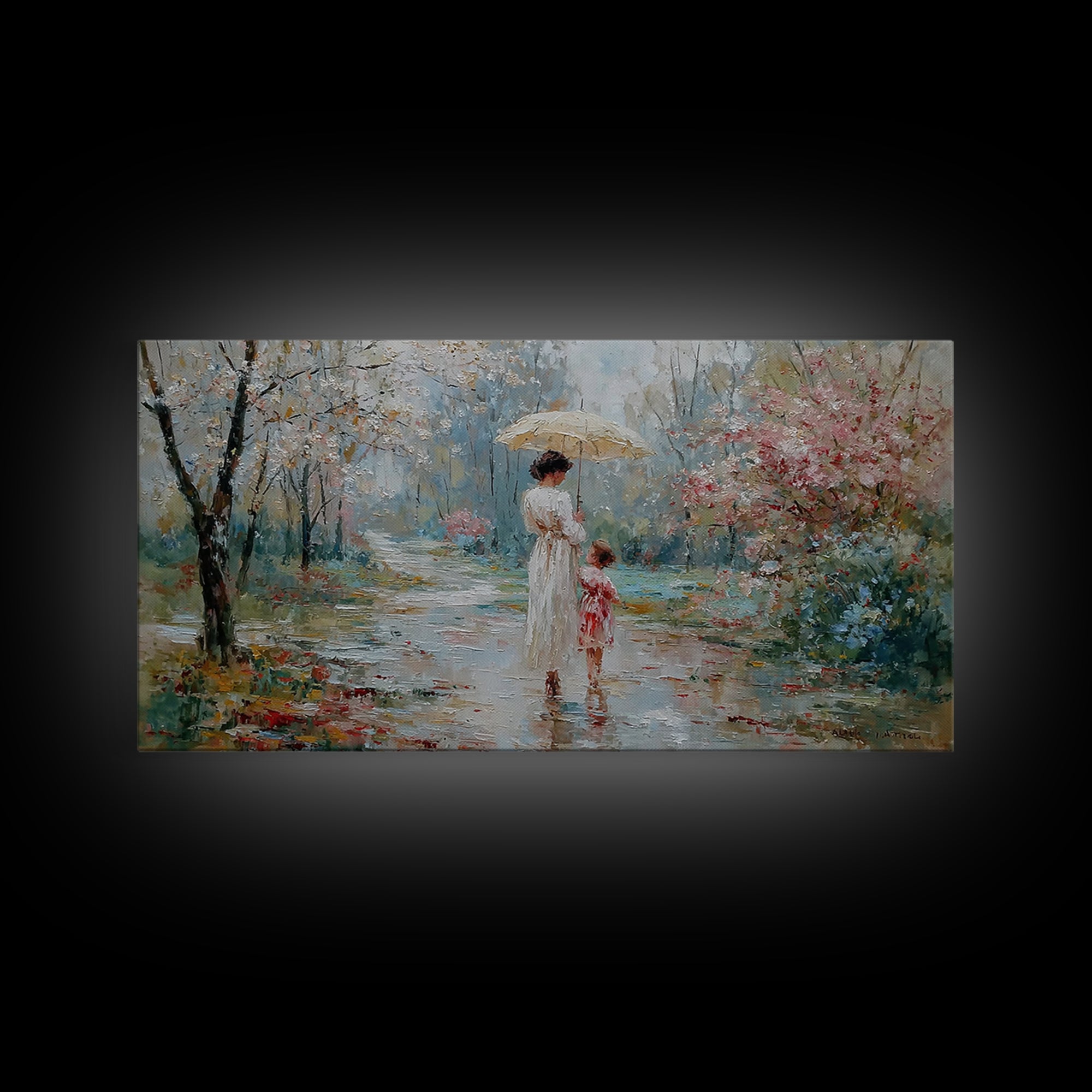 Mother And Child Walking Under Umbrella In Rainy Spring Garden Wall Art, Impressionist Painting, Gift For Her, Nursery Decor