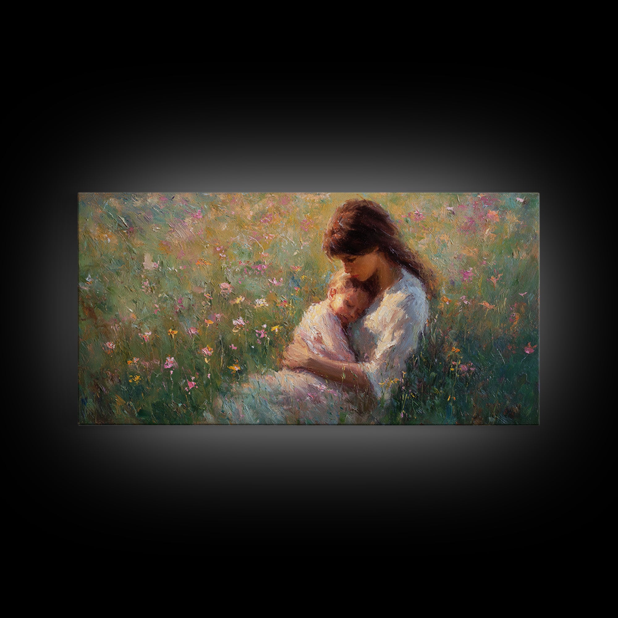 Tender Mother Cuddling Sleeping Baby In Flower Meadow Canvas Print, Feminine Wall Art, Mothers Day Gift, Bedroom Decor, Nursery Decor