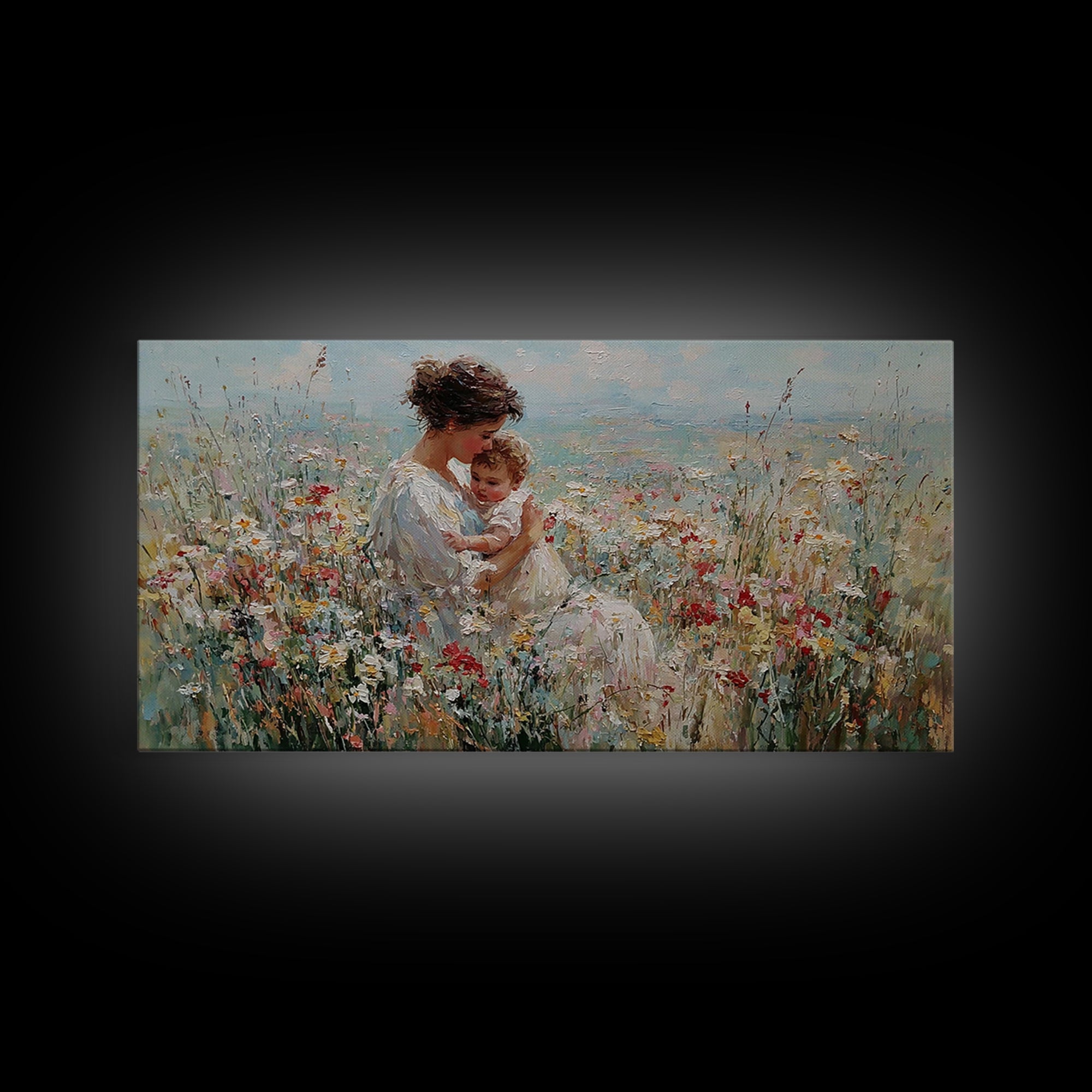 Mother Holding Smiling Baby Among Wildflowers By Sea Canvas Print, Coastal Wall Art, Mothers Day Gift, Living Room Decor