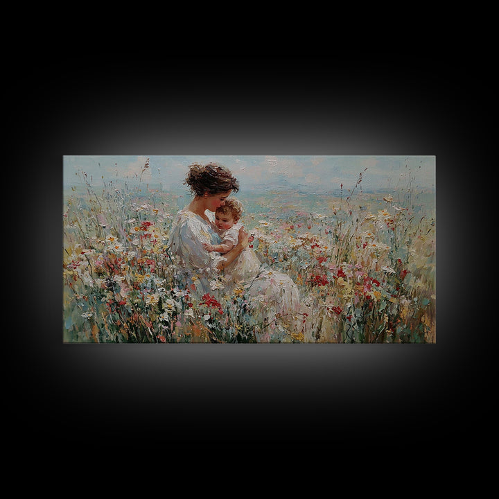 Mother Holding Smiling Baby Among Wildflowers By Sea Canvas Print, Coastal Wall Art, Mothers Day Gift, Living Room Decor