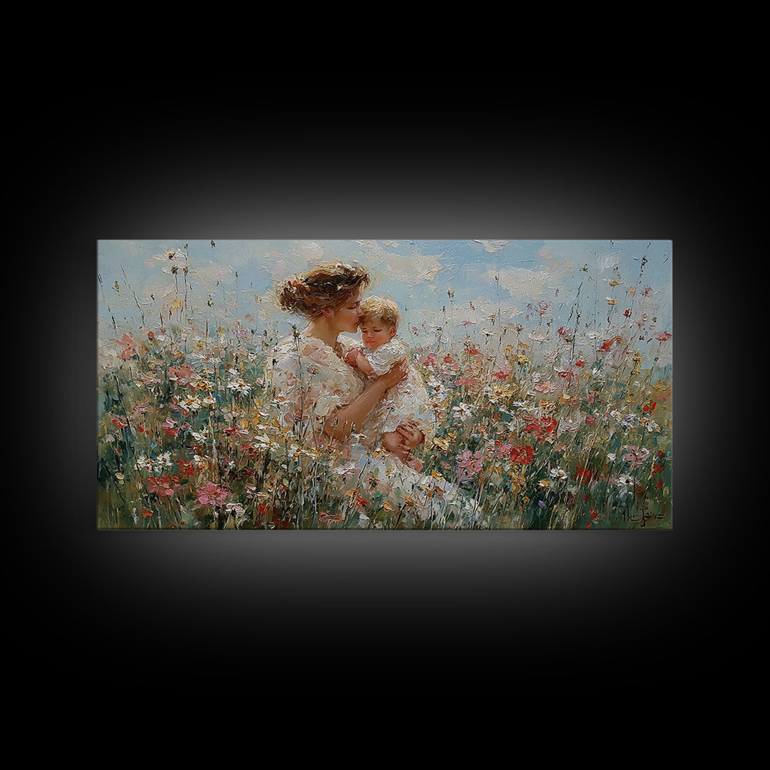Mother Lifting Baby In Blooming Flower Field Framed Canvas Print, Impressionist Floral Nursery Art, Gift For Mom Home Decor