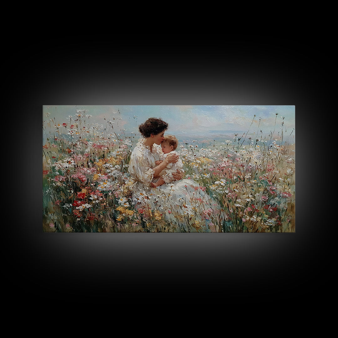 Seated Mother And Child In Coastal Wildflower Meadow Canvas Print, Impressionist Family Wall Art, Nursery Decor Gift For Her
