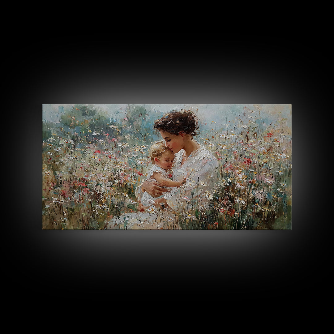 Mother Embracing Child In White Wildflower Meadow Framed Canvas Print, Impressionist Floral Wall Art, Nursery Decor Gift
