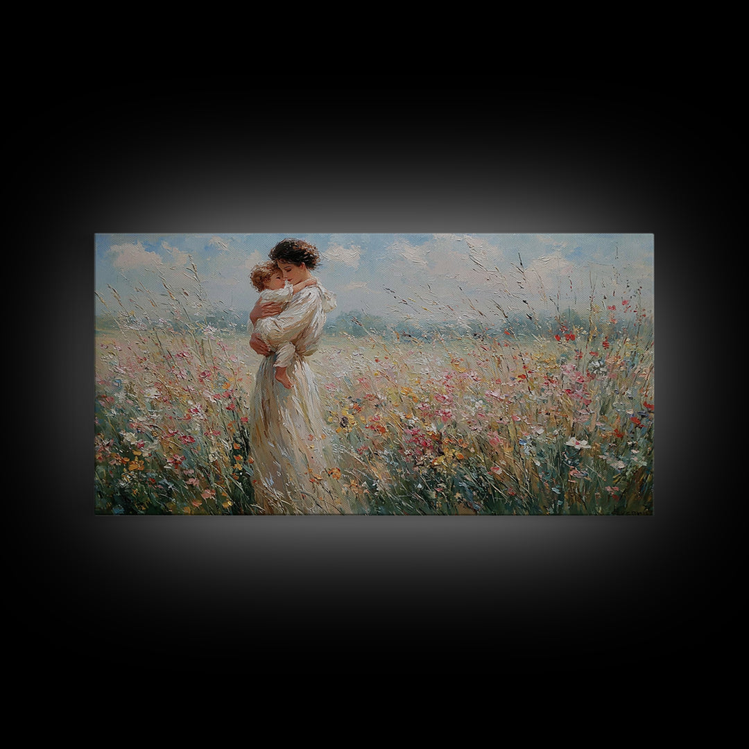 Standing Mother Holding Baby In Windy Wildflower Field Wall Art, Impressionist Landscape Canvas Print, Mothers Day Home Decor
