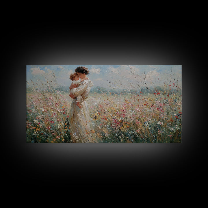 Standing Mother Holding Baby In Windy Wildflower Field Wall Art, Impressionist Landscape Canvas Print, Mothers Day Home Decor