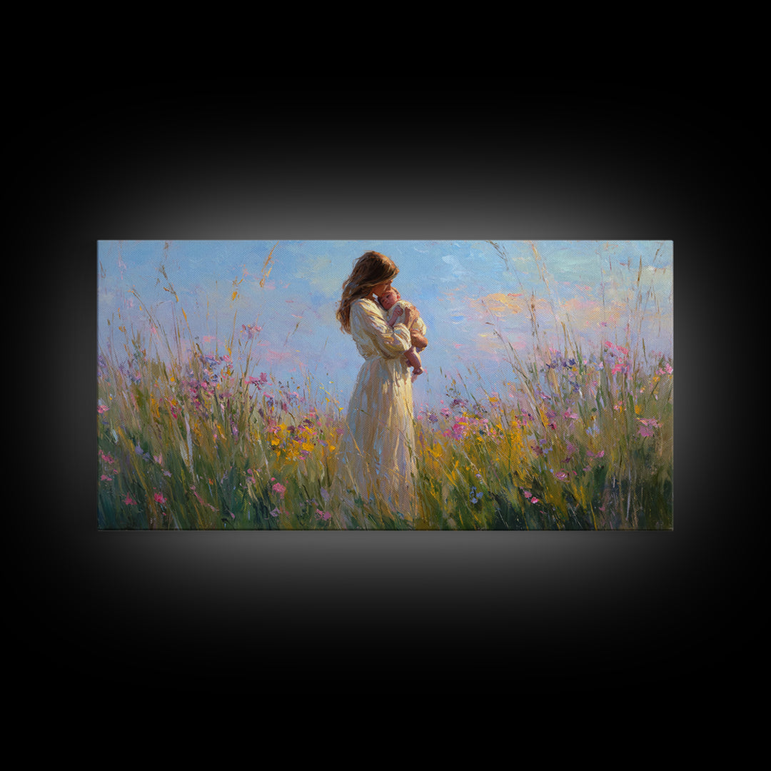 Backlit Mother And Baby In Sunlit Meadow Canvas Print, Impressionist Wildflower Wall Art, Feminine Nursery Decor Gift For Mom