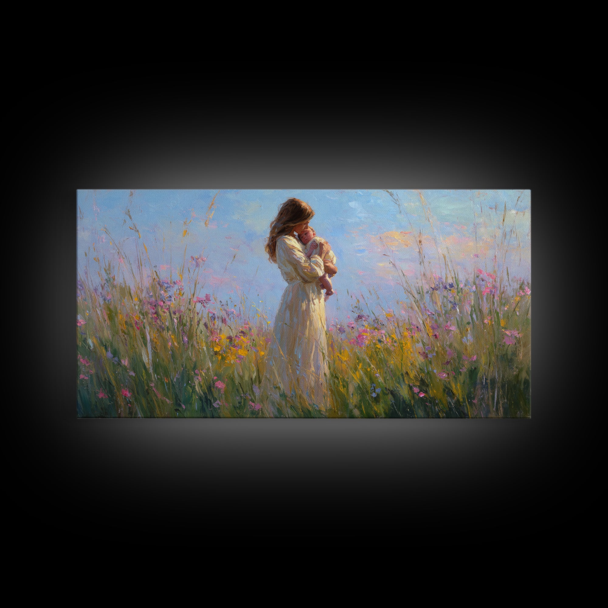Backlit Mother And Baby In Sunlit Meadow Canvas Print, Impressionist Wildflower Wall Art, Feminine Nursery Decor Gift For Mom