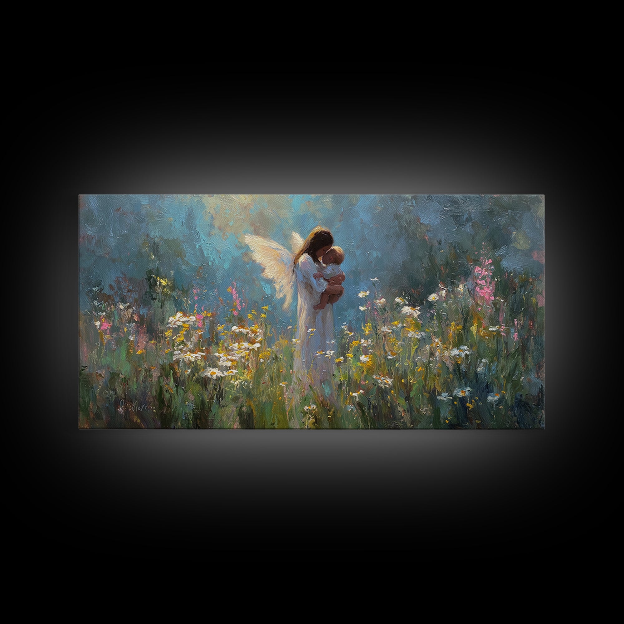 Guardian Angel Holding Baby Canvas Print, Wildflower Meadow Oil Painting, Spiritual Wall Decor, Nursery Art, Gift For Mom