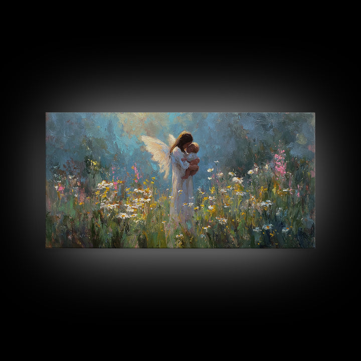 Guardian Angel Holding Baby Canvas Print, Wildflower Meadow Oil Painting, Spiritual Wall Decor, Nursery Art, Gift For Mom
