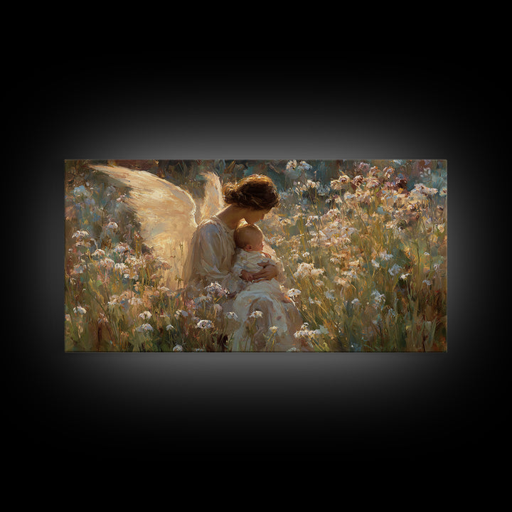 Sunlit Angel Cradling Baby Wall Art, Wildflower Meadow Painting, Christian Nursery Decor, Spiritual Gift For Mom, Canvas Art