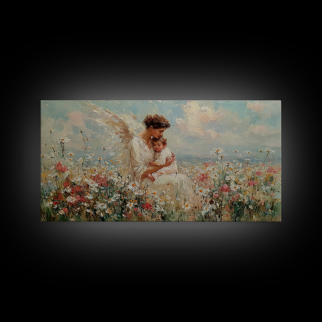 Angel And Baby In Flower Field Framed Canvas Print, Dreamy Christian Wall Art, Wildflower Nursery Decor, Gift For Her, Fine Art