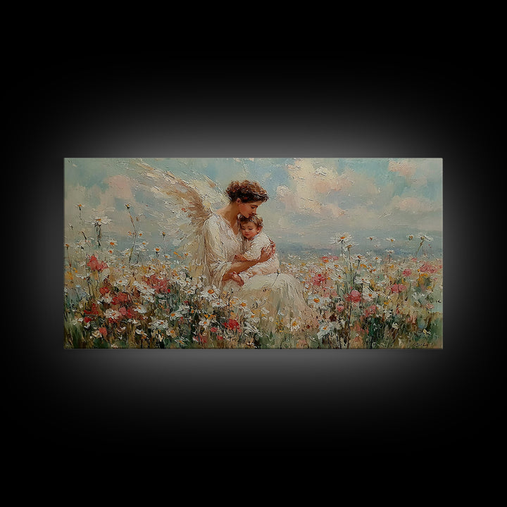 Angel And Baby In Flower Field Framed Canvas Print, Dreamy Christian Wall Art, Wildflower Nursery Decor, Gift For Her, Fine Art