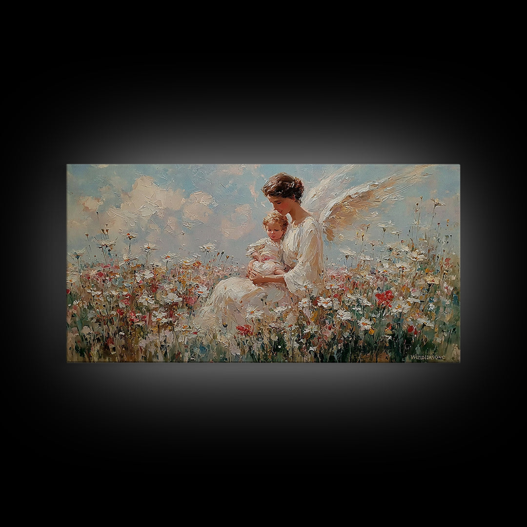 Guardian Angel With Baby Canvas Print, White Wildflower Meadow Painting, Christian Nursery Wall Art, Spiritual Gift For Mom