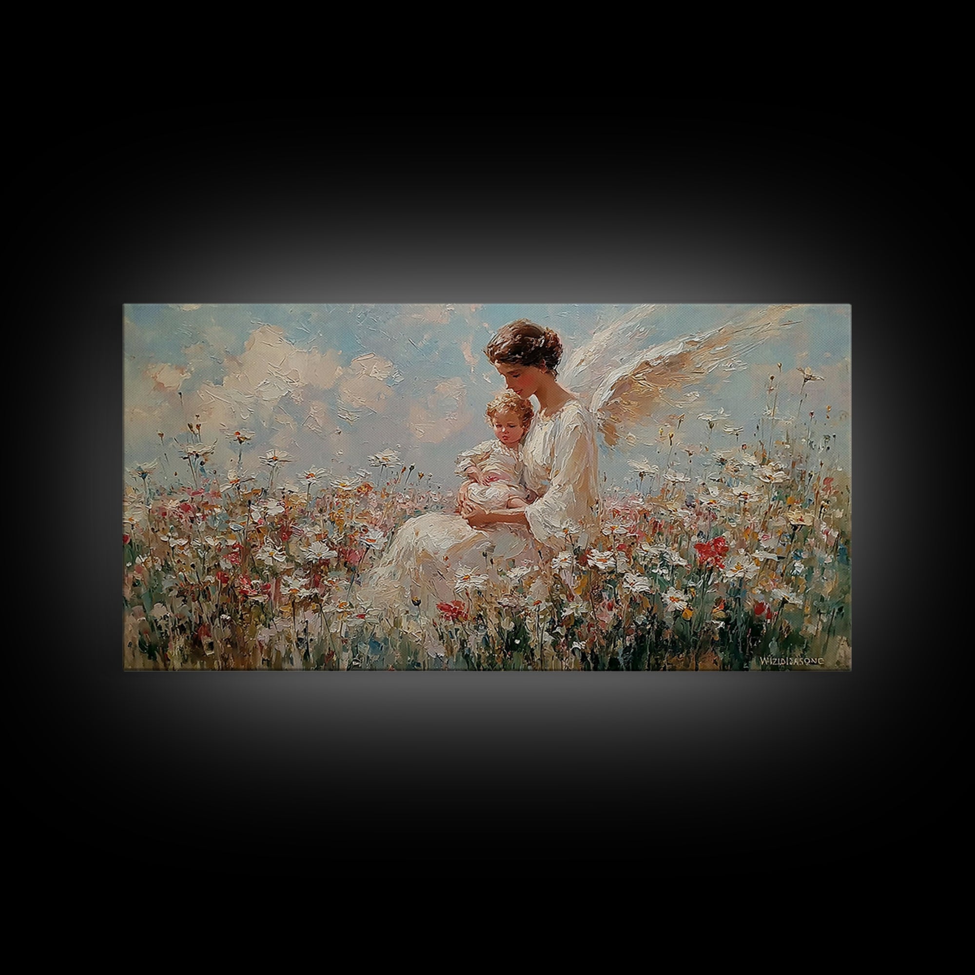 Guardian Angel With Baby Canvas Print, White Wildflower Meadow Painting, Christian Nursery Wall Art, Spiritual Gift For Mom