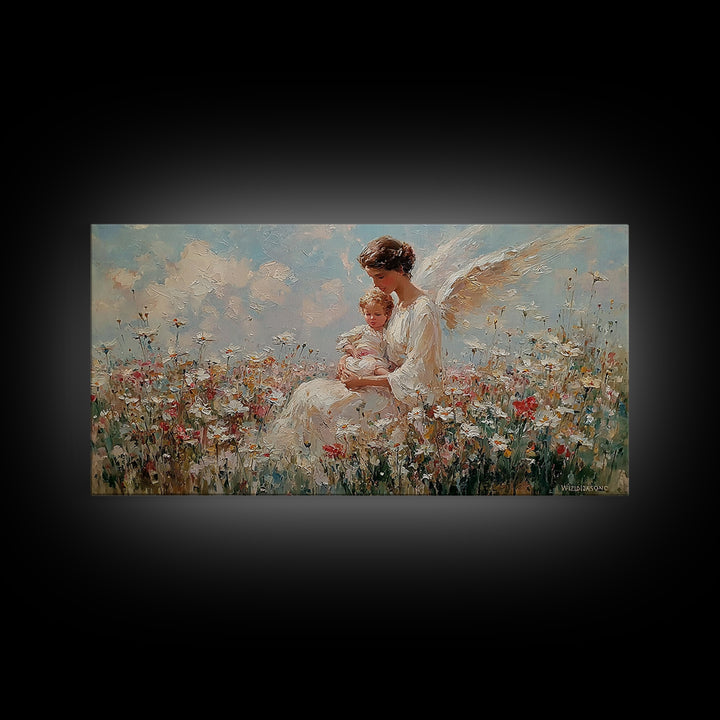 Guardian Angel With Baby Canvas Print, White Wildflower Meadow Painting, Christian Nursery Wall Art, Spiritual Gift For Mom