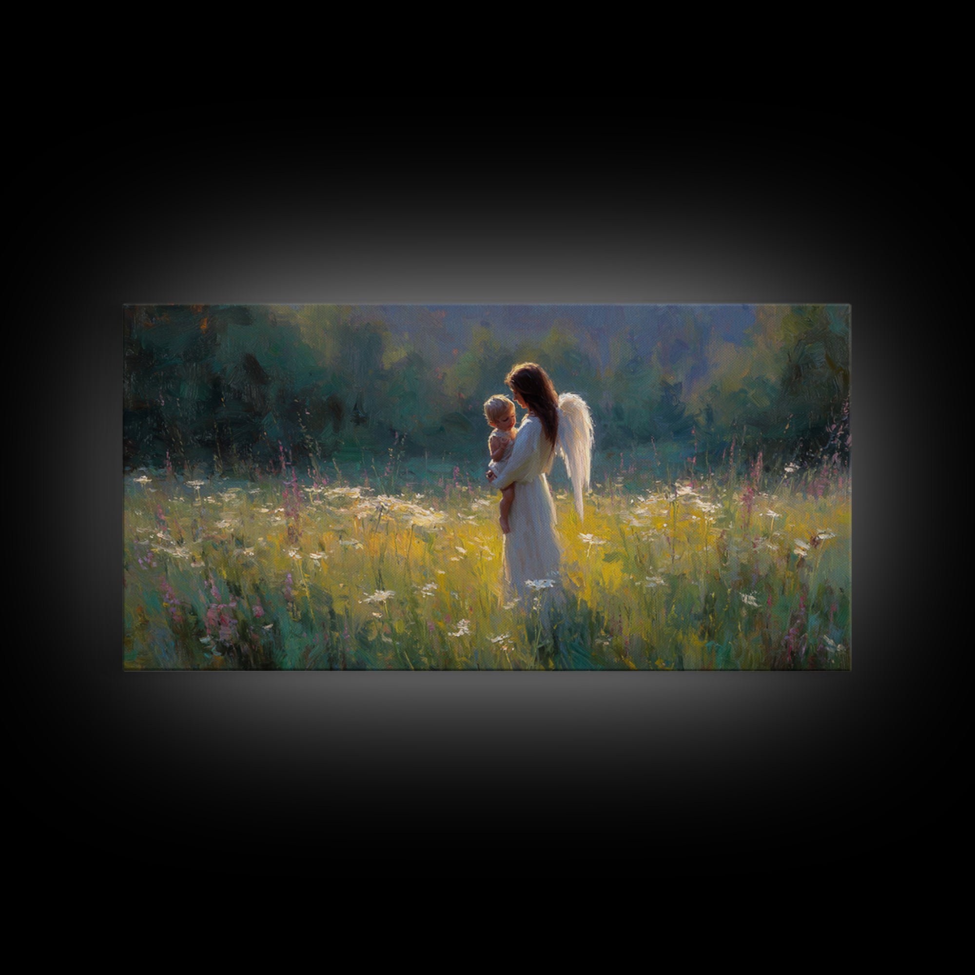 Angel Mother Holding Baby Wall Art, Luminous Meadow Oil Painting, Christian Nursery Decor, Spiritual Wall Decor, Gift For Her