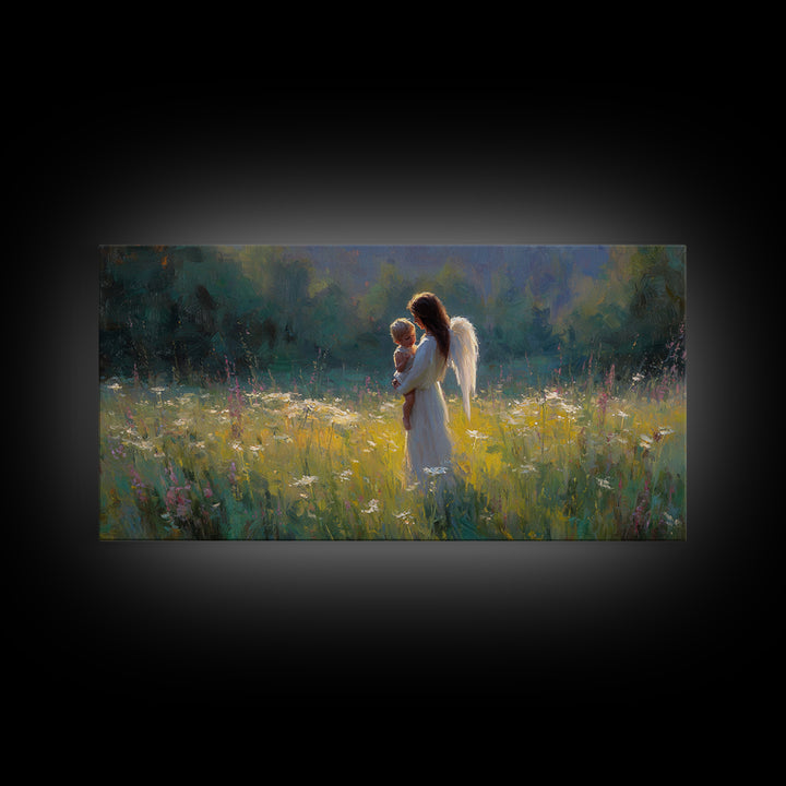 Angel Mother Holding Baby Wall Art, Luminous Meadow Oil Painting, Christian Nursery Decor, Spiritual Wall Decor, Gift For Her