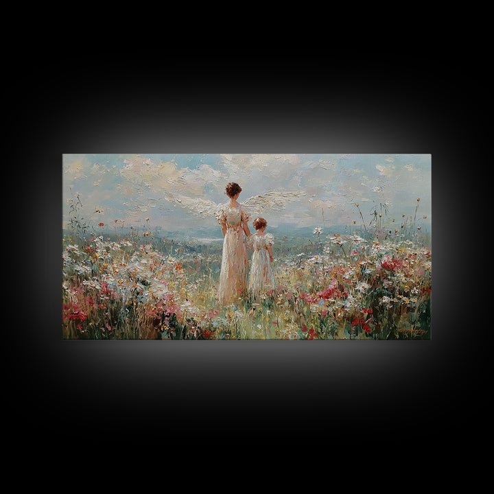 Angel And Child In Wildflower Field Framed Canvas Print, Impressionist Christian Wall Art, Floral Nursery Decor, Gift For Her