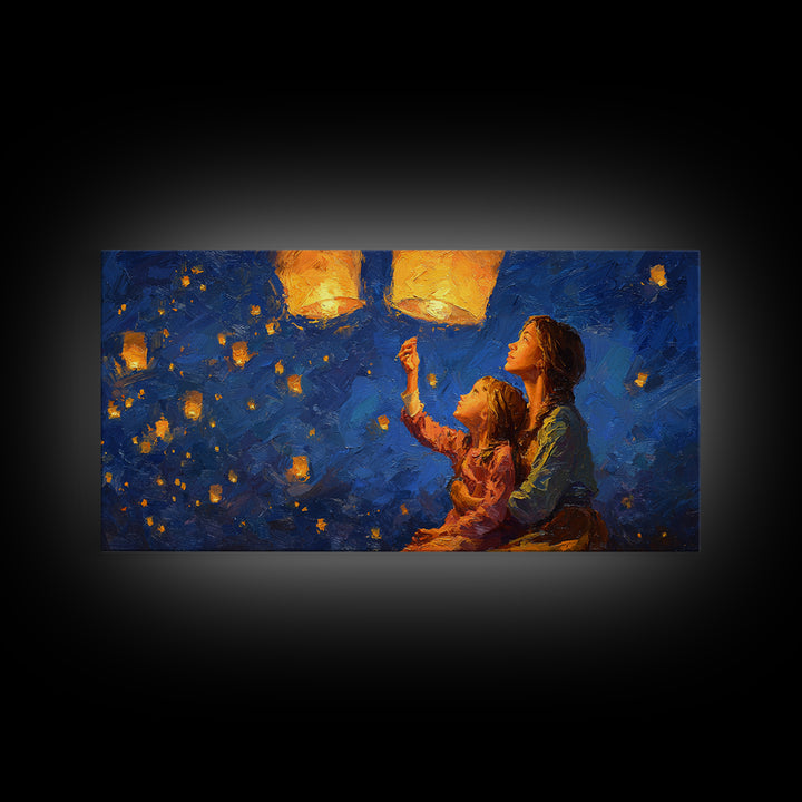 Mother And Child Lantern Festival Canvas Print, Blue Night Sky Painting, Whimsical Wall Art, Family Gift, Cozy Home Decor
