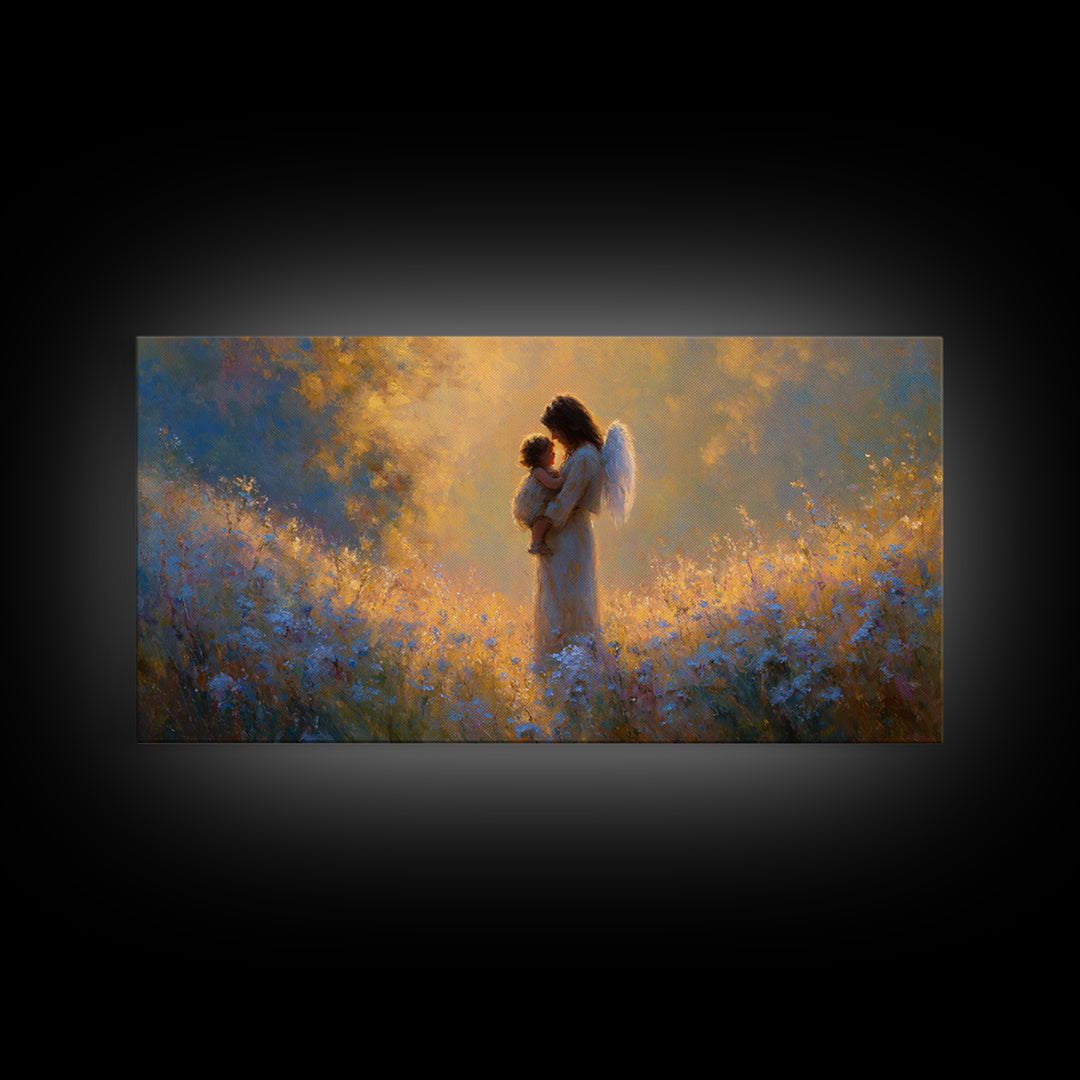 Guardian Angel Mother And Child In Golden Wildflower Meadow Wall Art, Christian Nursery Decor, Spiritual Gift For Mom, Home Decor