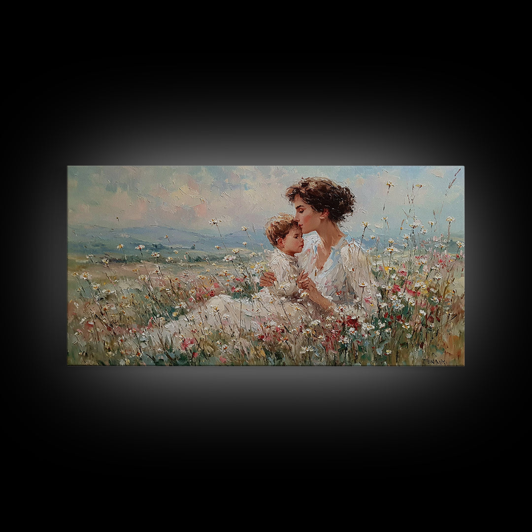 Seated Mother And Child In Soft Wildflower Field Canvas Print, Impressionist Floral Wall Art, Gift For Mom, Living Room Decor