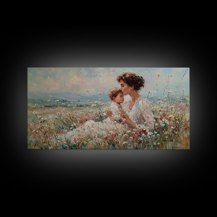 Seated Mother And Child In Soft Wildflower Field Canvas Print, Impressionist Floral Wall Art, Gift For Mom, Living Room Decor