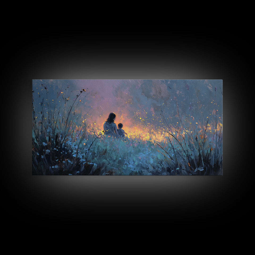 Silhouetted Mother And Child In Glowing Blue Meadow Canvas Print, Moody Wall Art, Celestial Nursery Decor Gift For Mom, Home Decor