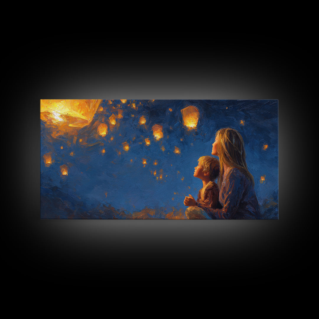 Mother And Child Lantern Night Wall Art, Angelic Family Canvas Print, Celestial Nursery Decor, Gift For Mom, Housewarming Gift